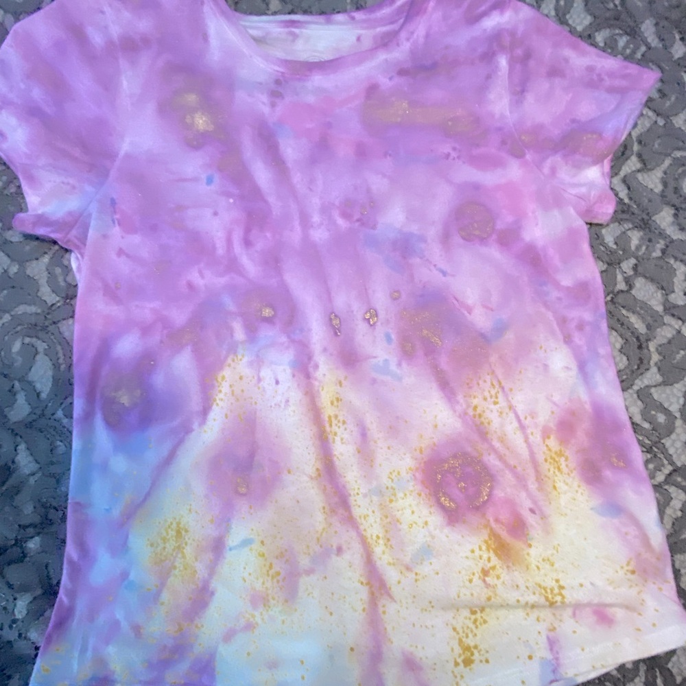 Handcrafted Girls TieDye T-Shirt Purple,Blue,Yellow & Metallic Gold NWT